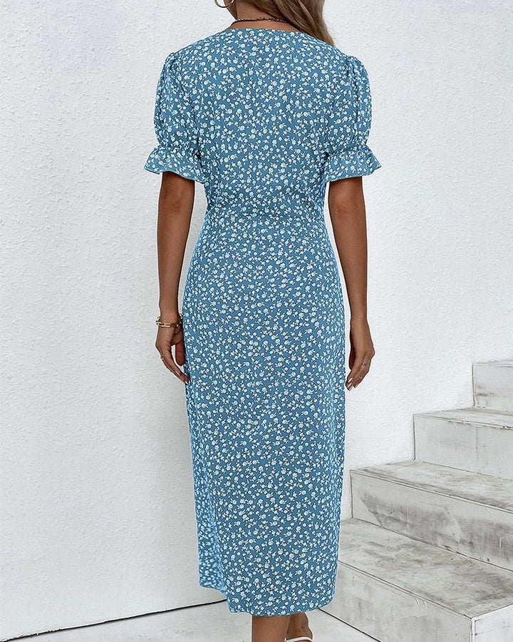 Women's Floral Ruffle-Sleeve V-Neck Midi Wrap Dress