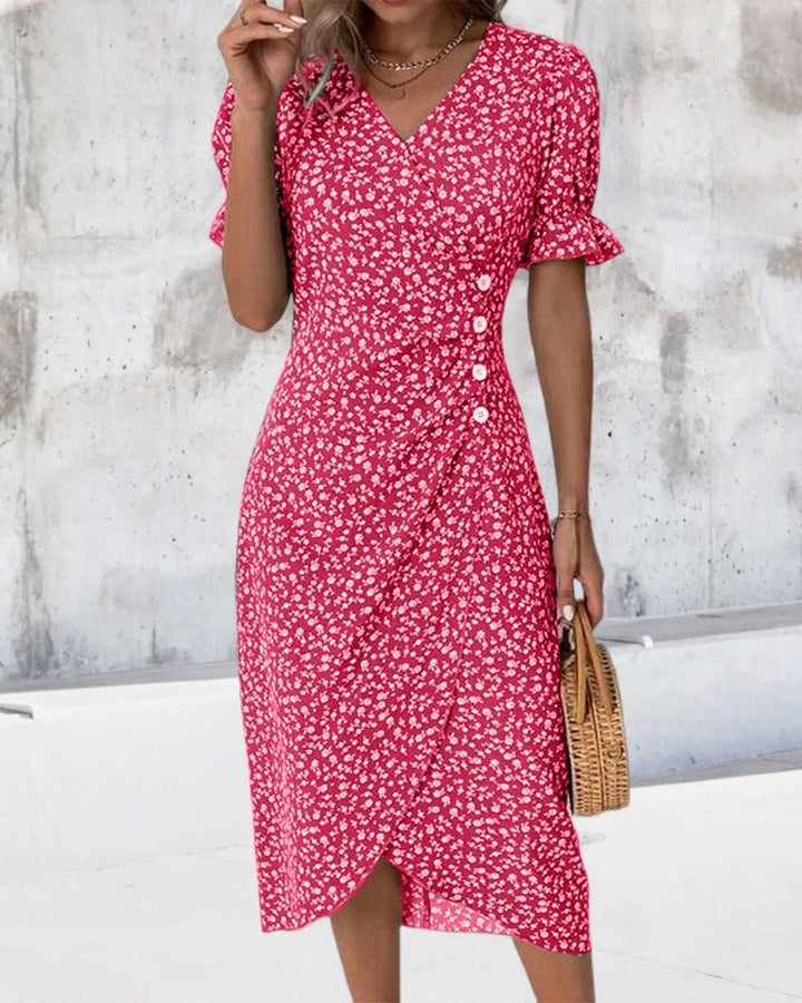 Women's Floral Ruffle-Sleeve V-Neck Midi Wrap Dress - Red