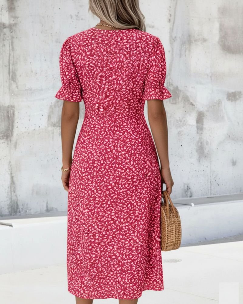 Women's Floral Ruffle-Sleeve V-Neck Midi Wrap Dress