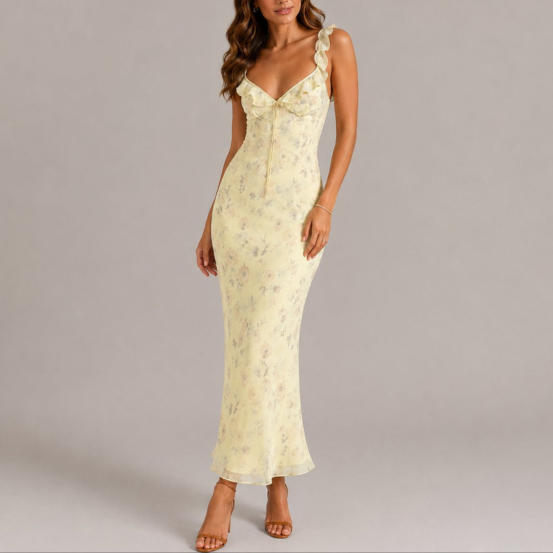 Women's Floral Ruffle Strap Fitted Maxi Fall Wedding Guest Dress - Yellow