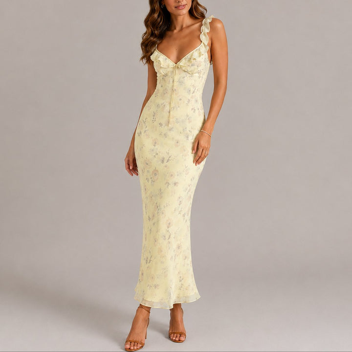 Women's Floral Ruffle Strap Fitted Maxi Fall Wedding Guest Dress - Yellow