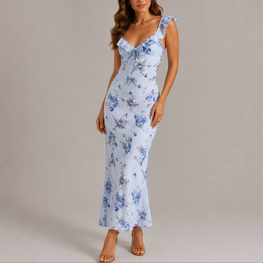 Women's Floral Ruffle Strap Fitted Maxi Fall Wedding Guest Dress - Blue