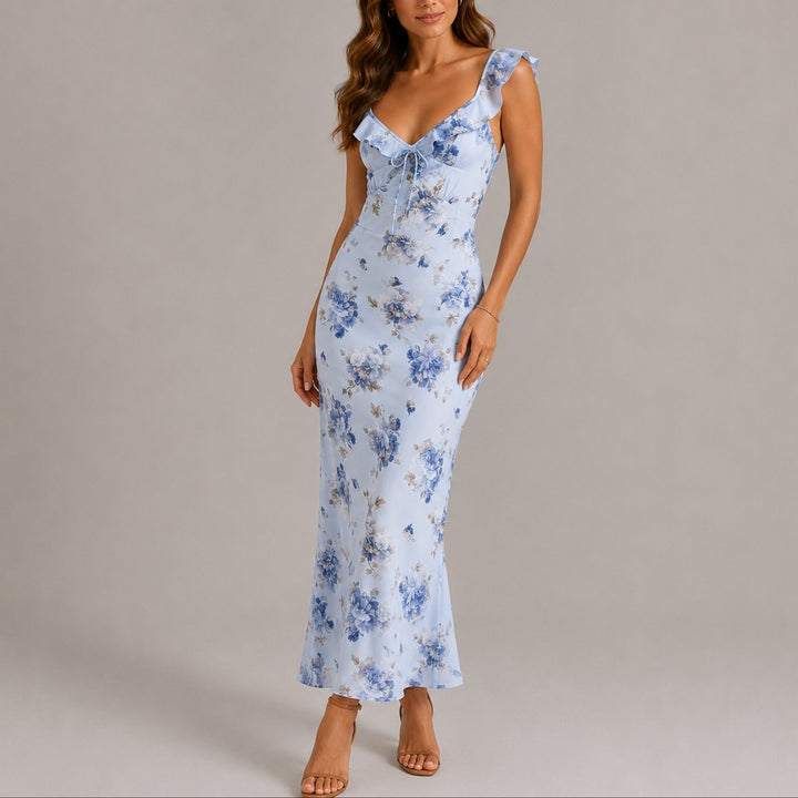 Women's Floral Ruffle Strap Fitted Maxi Fall Wedding Guest Dress - Blue