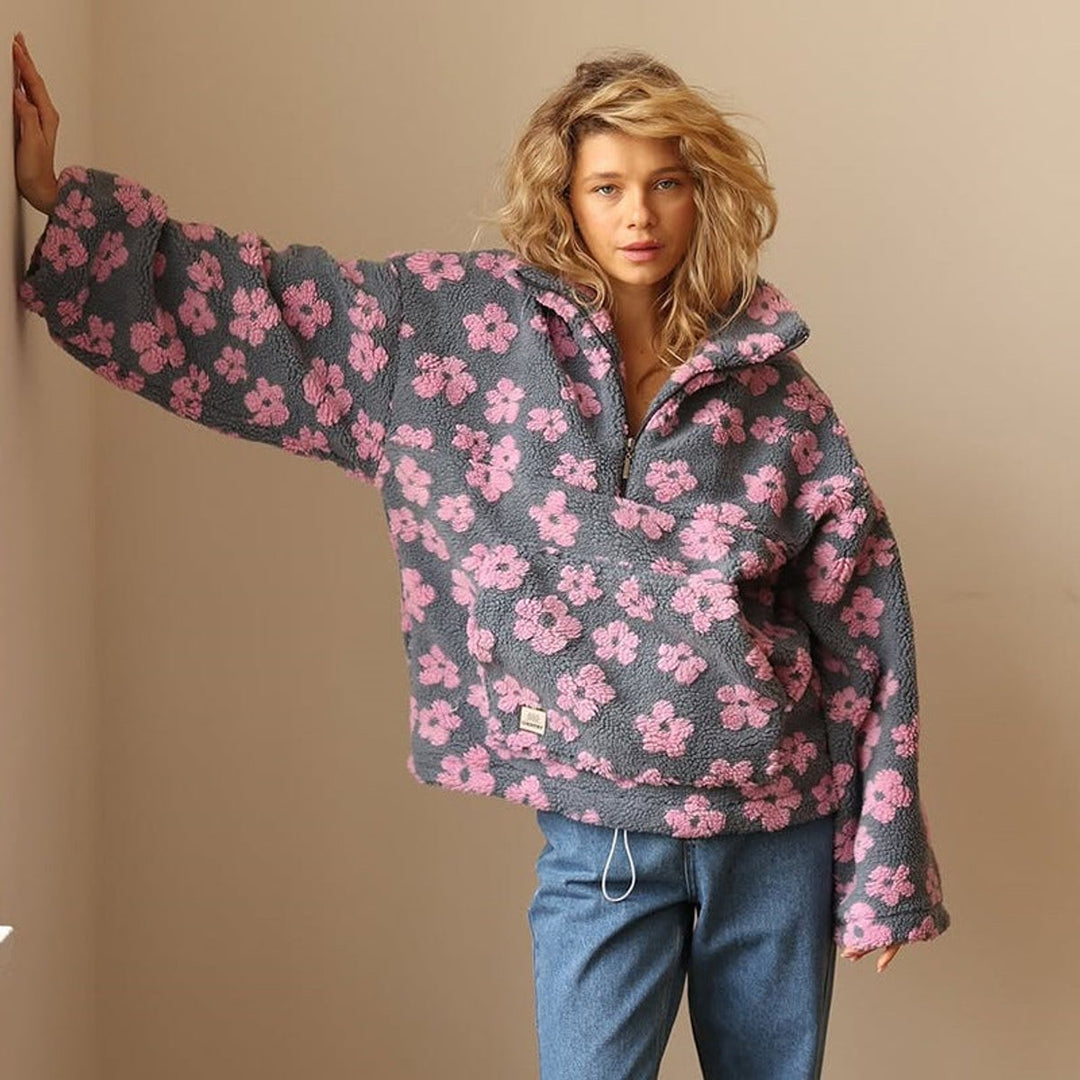 Women's Floral Sherpa Fleece Oversized Half-Zip Pullover Sweater