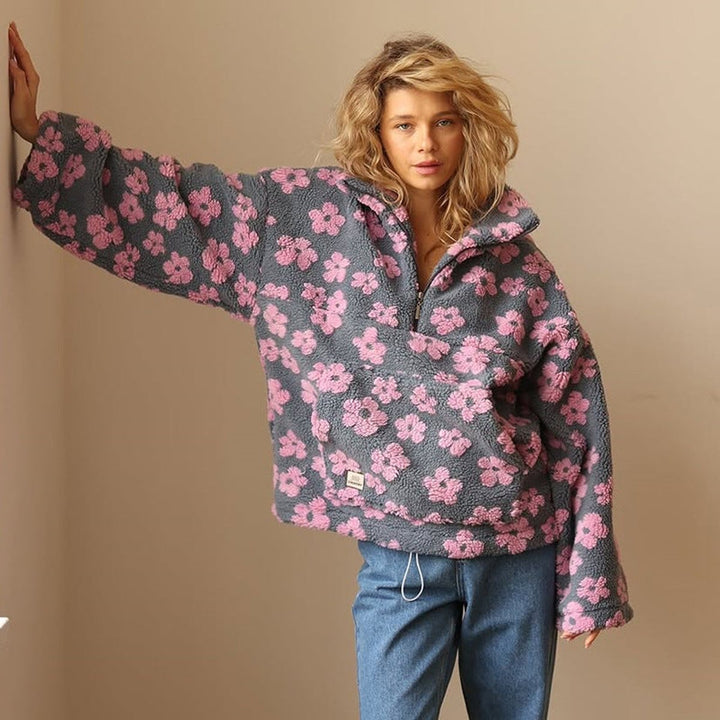 Women's Floral Sherpa Fleece Oversized Half-Zip Pullover Sweater