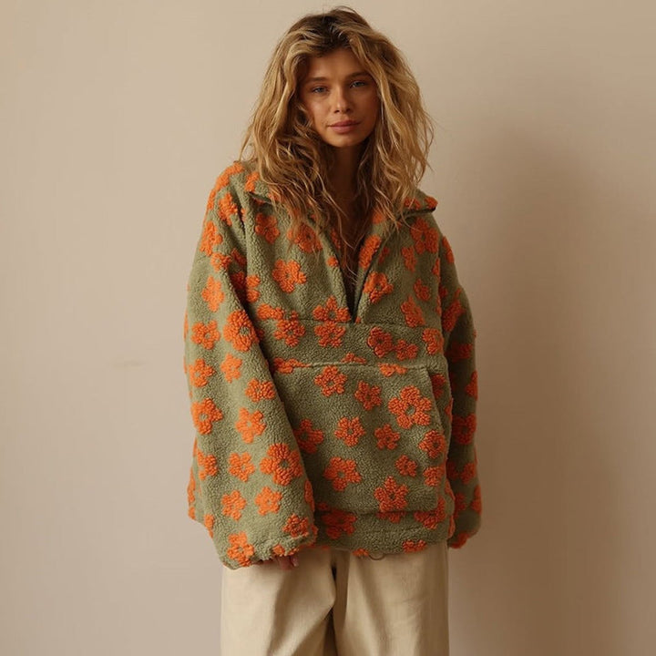 Women's Floral Sherpa Fleece Oversized Half-Zip Pullover Sweater