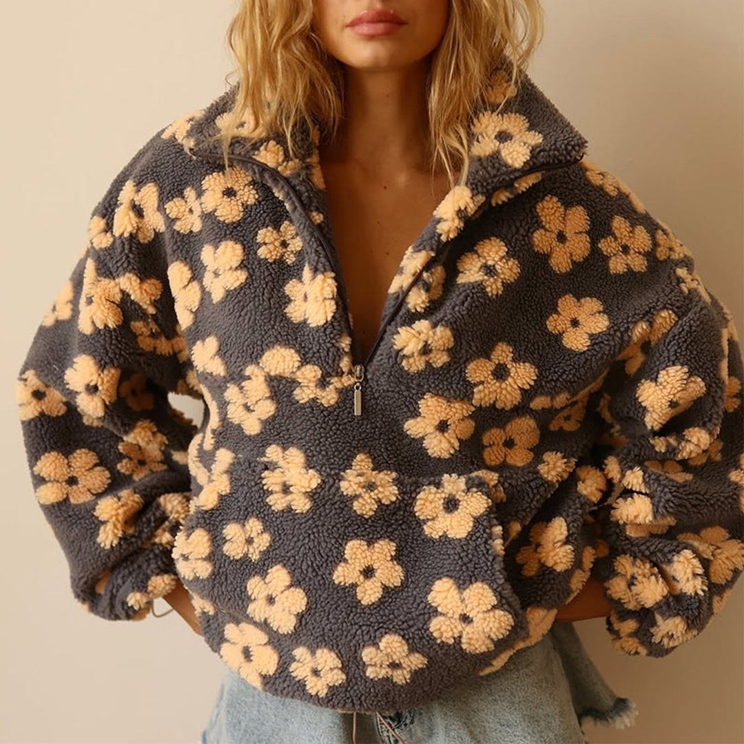 Women's Floral Sherpa Fleece Oversized Half-Zip Pullover Sweater - Yellow