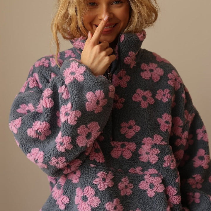 Women's Floral Sherpa Fleece Oversized Half-Zip Pullover Sweater - Pink