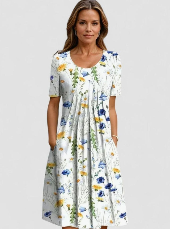 Women's Floral Short-Sleeve Pleated Midi Dress with Pockets - Yellow Flowers