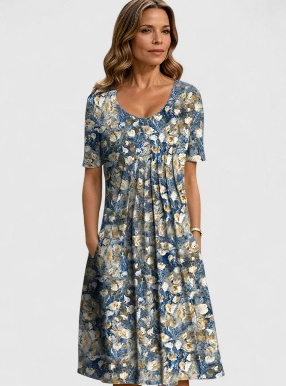 Women's Floral Short-Sleeve Pleated Midi Dress with Pockets - Light Blue Flowers