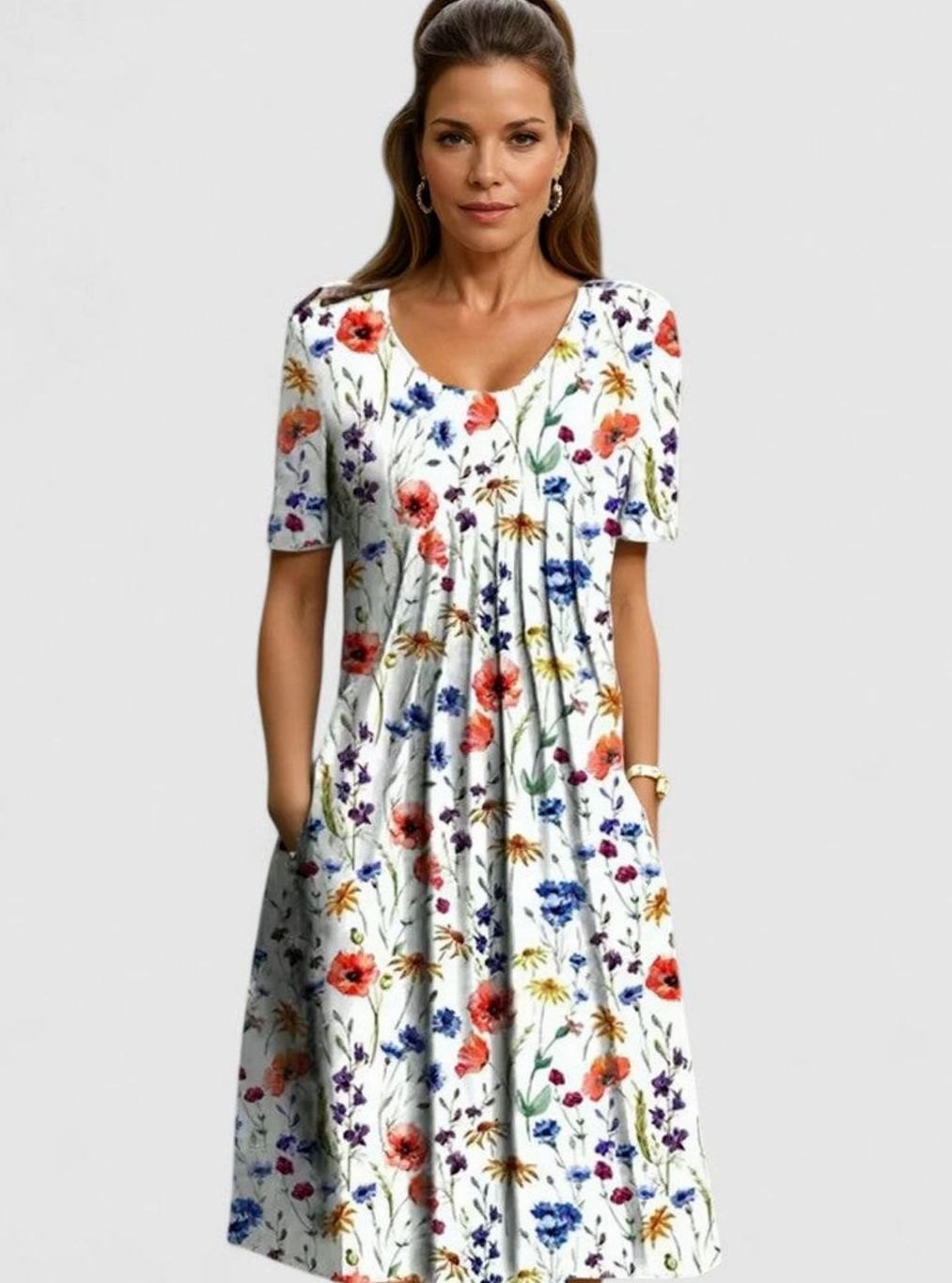 Women's Floral Short-Sleeve Pleated Midi Dress with Pockets - Red Flowers