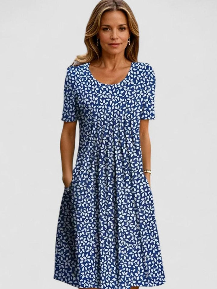 Women's Floral Short-Sleeve Pleated Midi Dress with Pockets - Blue Flowers