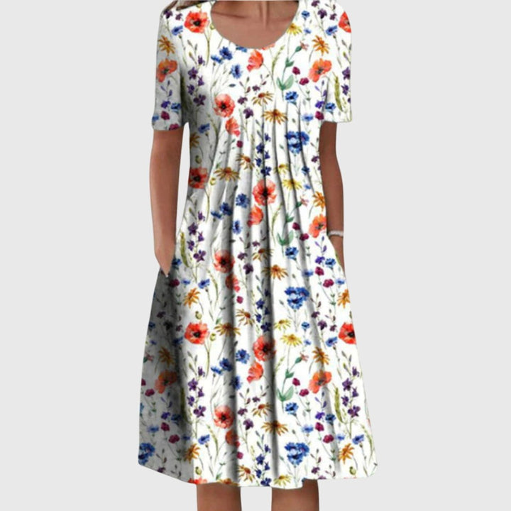 Women's Floral Short-Sleeve Pleated Midi Swing Dress - Red Flowers