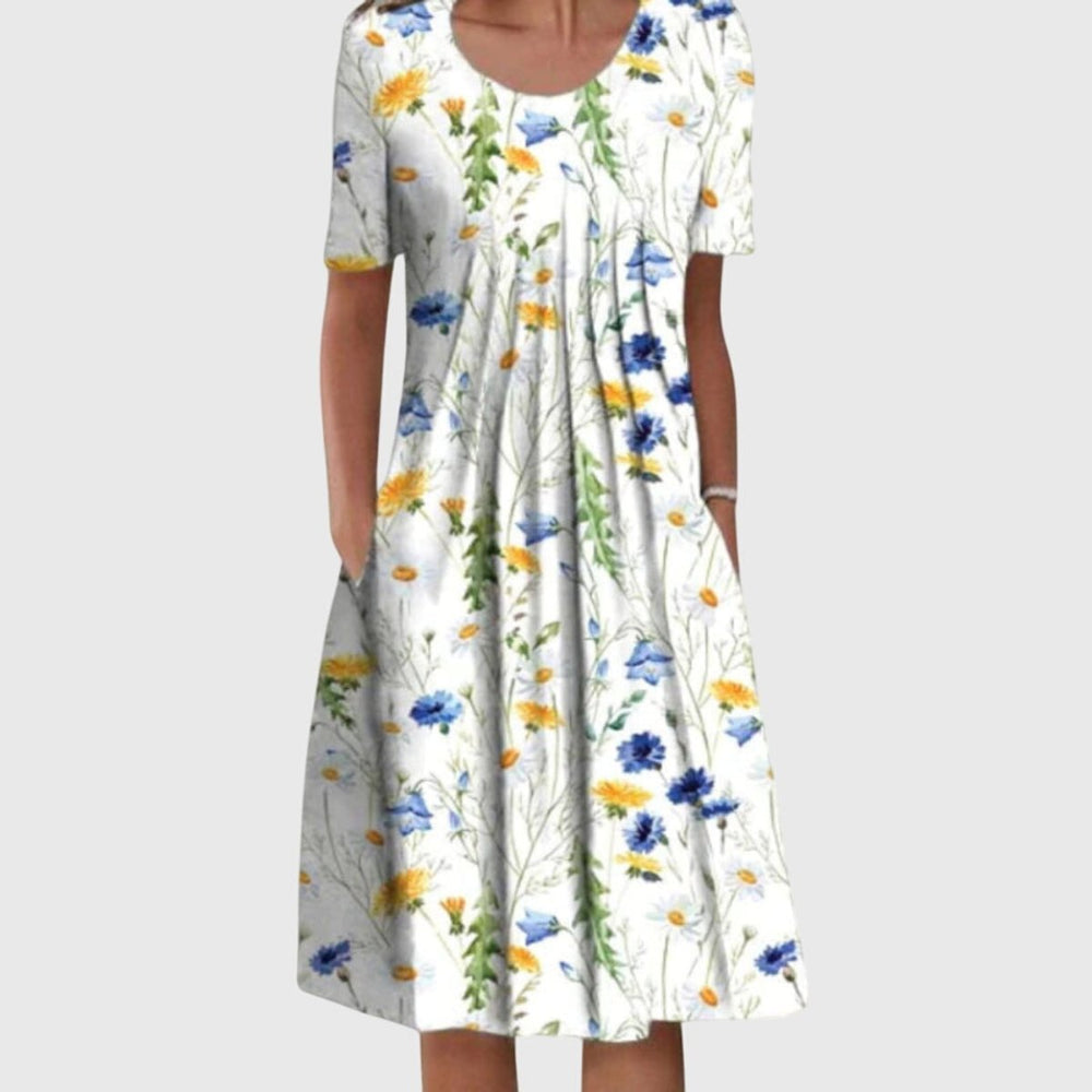 Women's Floral Short-Sleeve Pleated Midi Swing Dress - Yellow Flowers