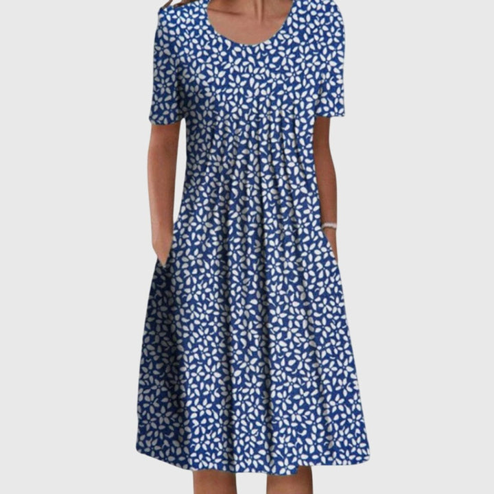 Women's Floral Short-Sleeve Pleated Midi Swing Dress - Blue