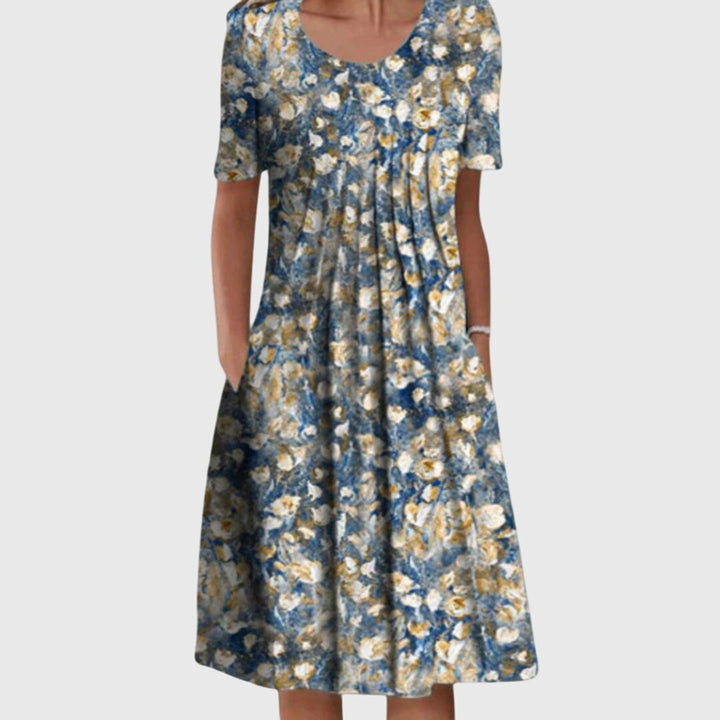 Women's Floral Short-Sleeve Pleated Midi Swing Dress - Light Blue