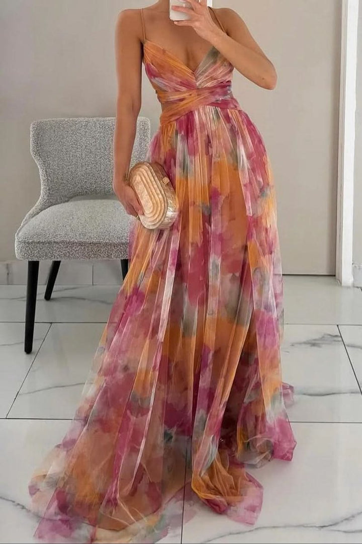 Women's Floral Spaghetti-Strap V-Neck Cocktail Dress Maxi Gown - Orange