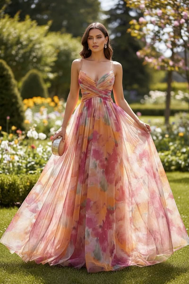 Women's Floral Spaghetti-Strap V-Neck Cocktail Dress Maxi Gown