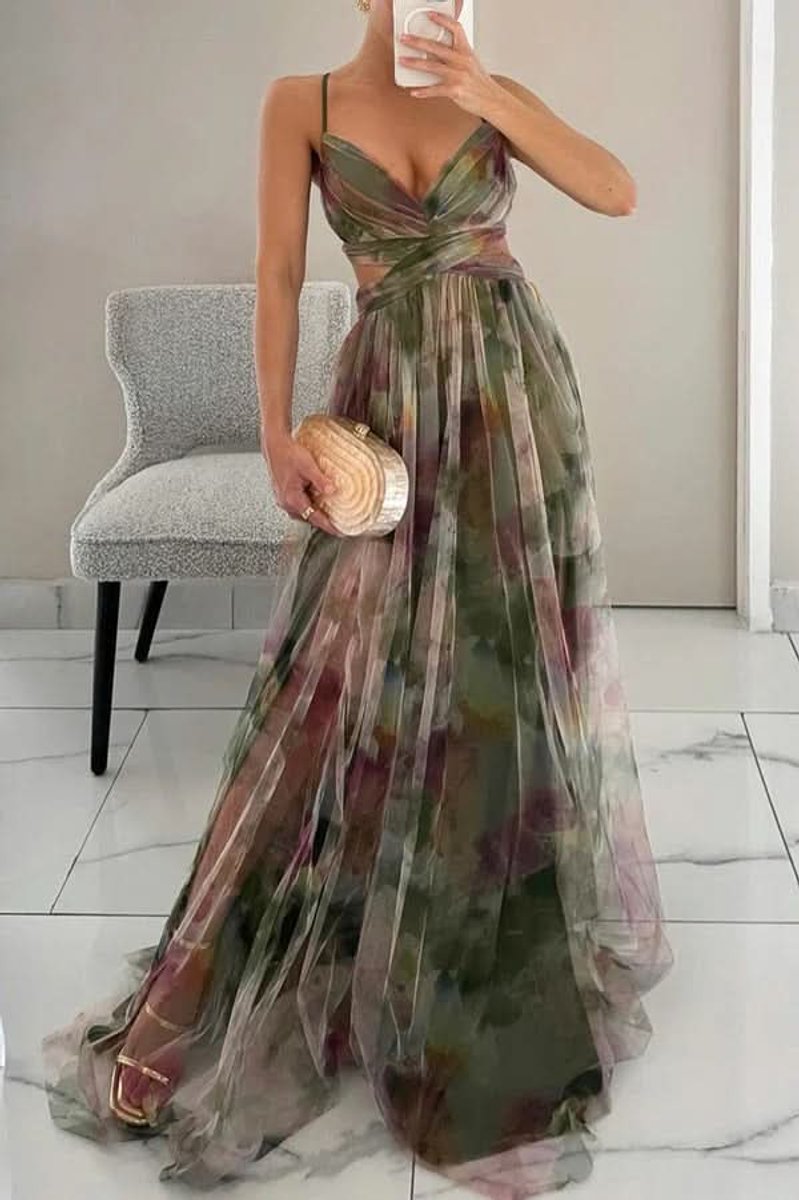 Women's Floral Spaghetti-Strap V-Neck Cocktail Dress Maxi Gown - Green