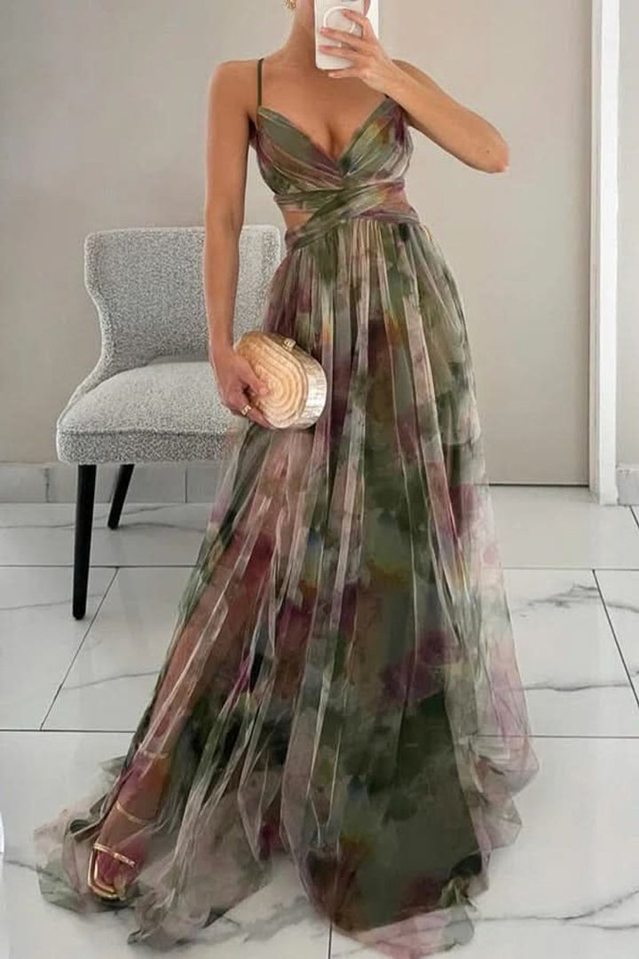 Women's Floral Spaghetti-Strap V-Neck Cocktail Dress Maxi Gown - Green