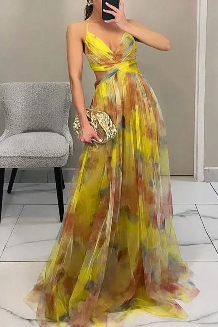 Women's Floral Spaghetti-Strap V-Neck Cocktail Dress Maxi Gown - Yellow