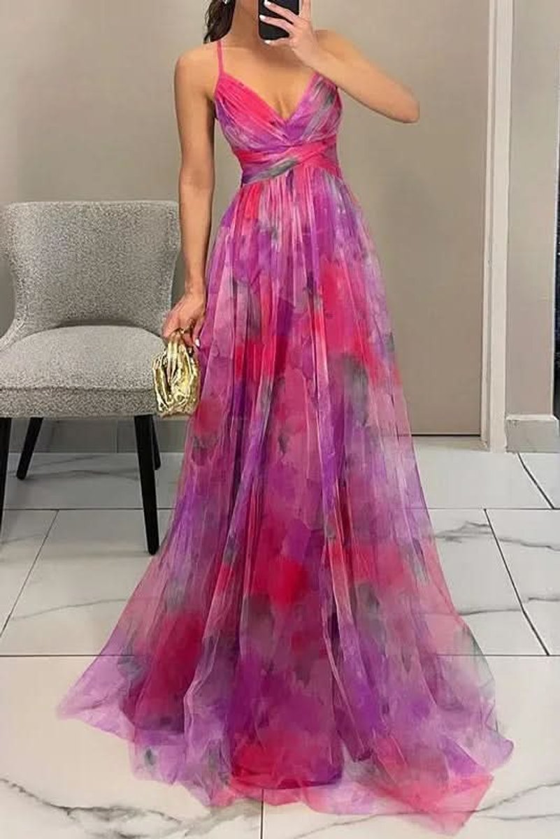 Women's Floral Spaghetti-Strap V-Neck Cocktail Dress Maxi Gown - Pink