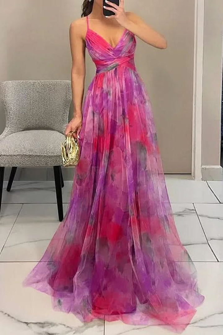 Women's Floral Spaghetti-Strap V-Neck Cocktail Dress Maxi Gown - Pink
