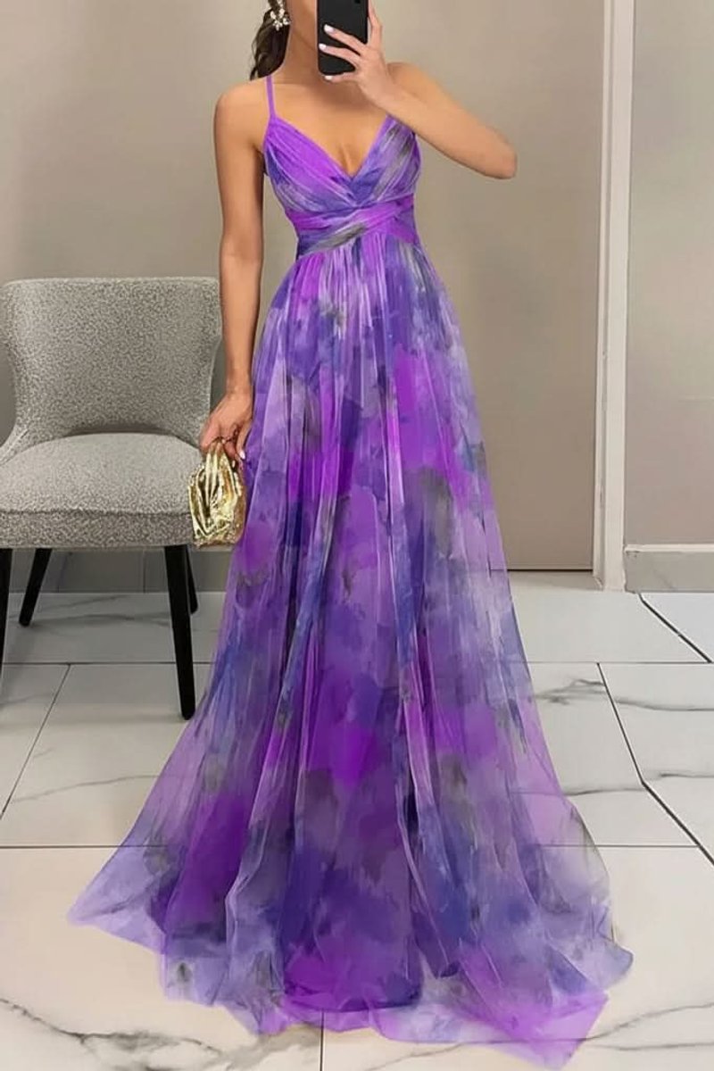 Women's Floral Spaghetti-Strap V-Neck Cocktail Dress Maxi Gown - Purple