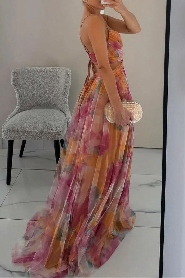 Women's Floral Spaghetti-Strap V-Neck Cocktail Dress Maxi Gown
