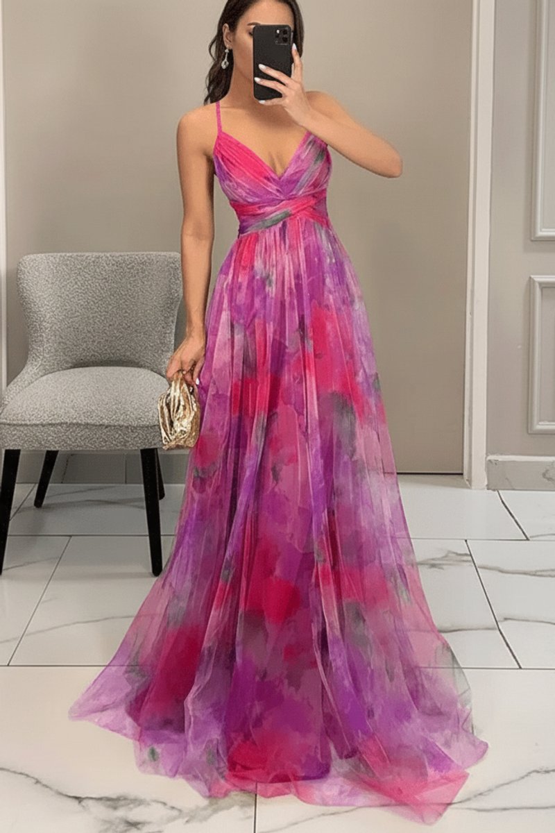 Women's Floral Spaghetti-Strap V-Neck Cocktail Dress Maxi Gown