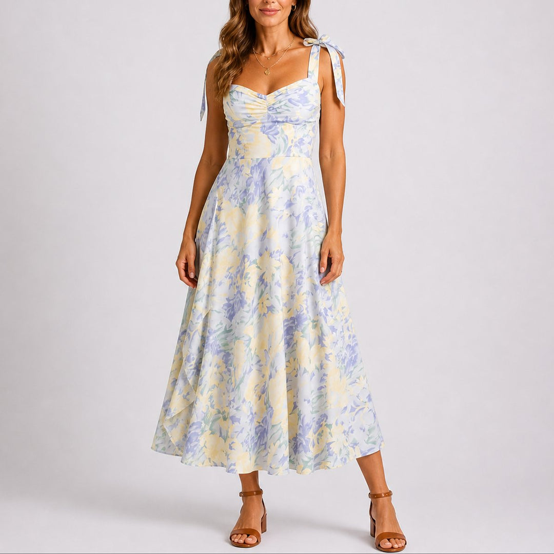 Women's Floral Sweetheart A-Line Midi Fall Wedding Guest Dress - Floral White