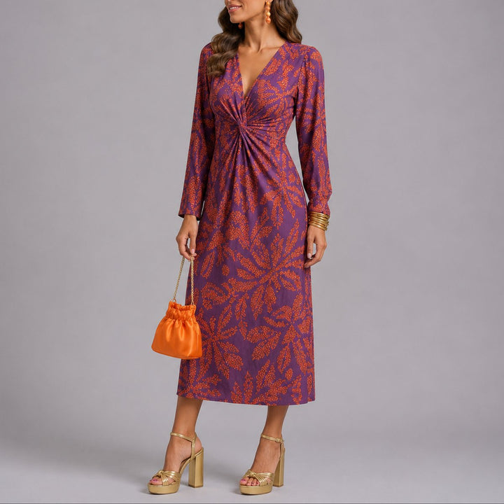 Women's Floral Twist-Front V-Neck Midi Fall Wedding Guest Dress - Purple