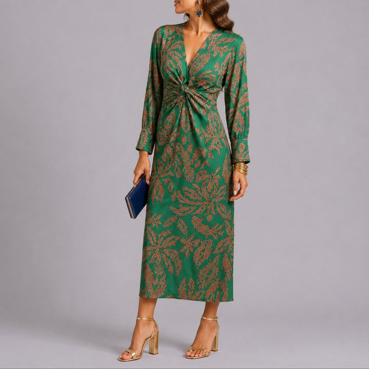 Women's Floral Twist-Front V-Neck Midi Fall Wedding Guest Dress - Green