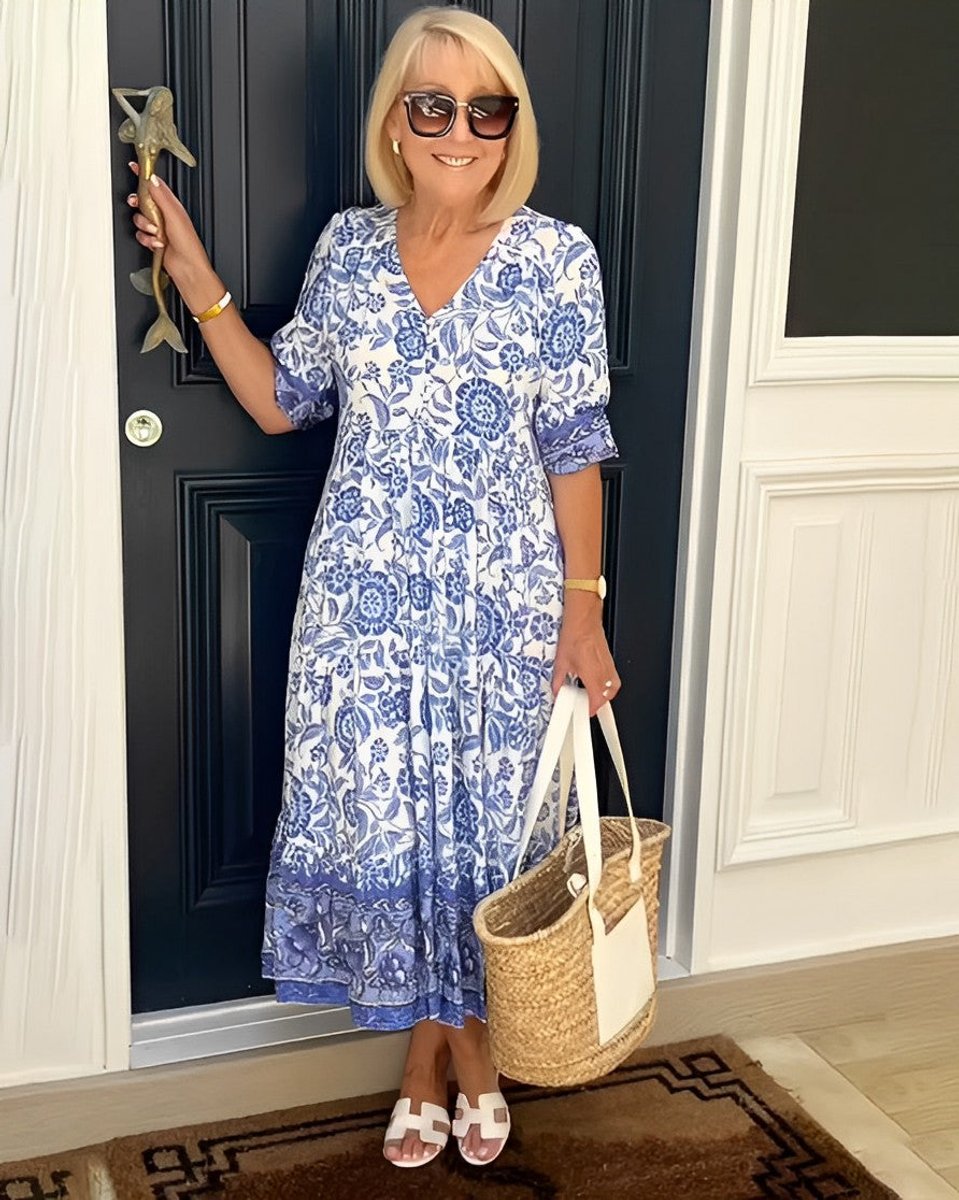 Women's Floral V-Neck Elegant Dress Tiered Maxi - Blue