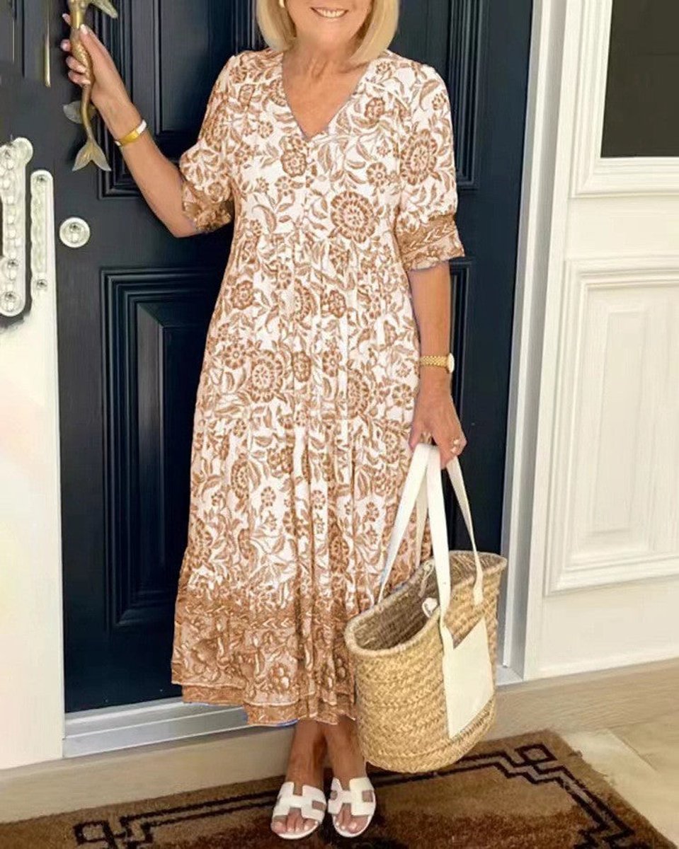 Women's Floral V-Neck Elegant Dress Tiered Maxi - Orange