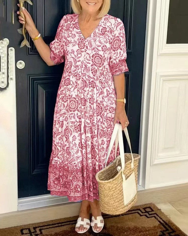 Women's Floral V-Neck Elegant Dress Tiered Maxi - Pink