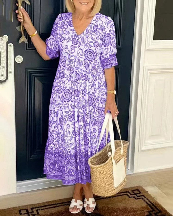 Women's Floral V-Neck Elegant Dress Tiered Maxi - Purple