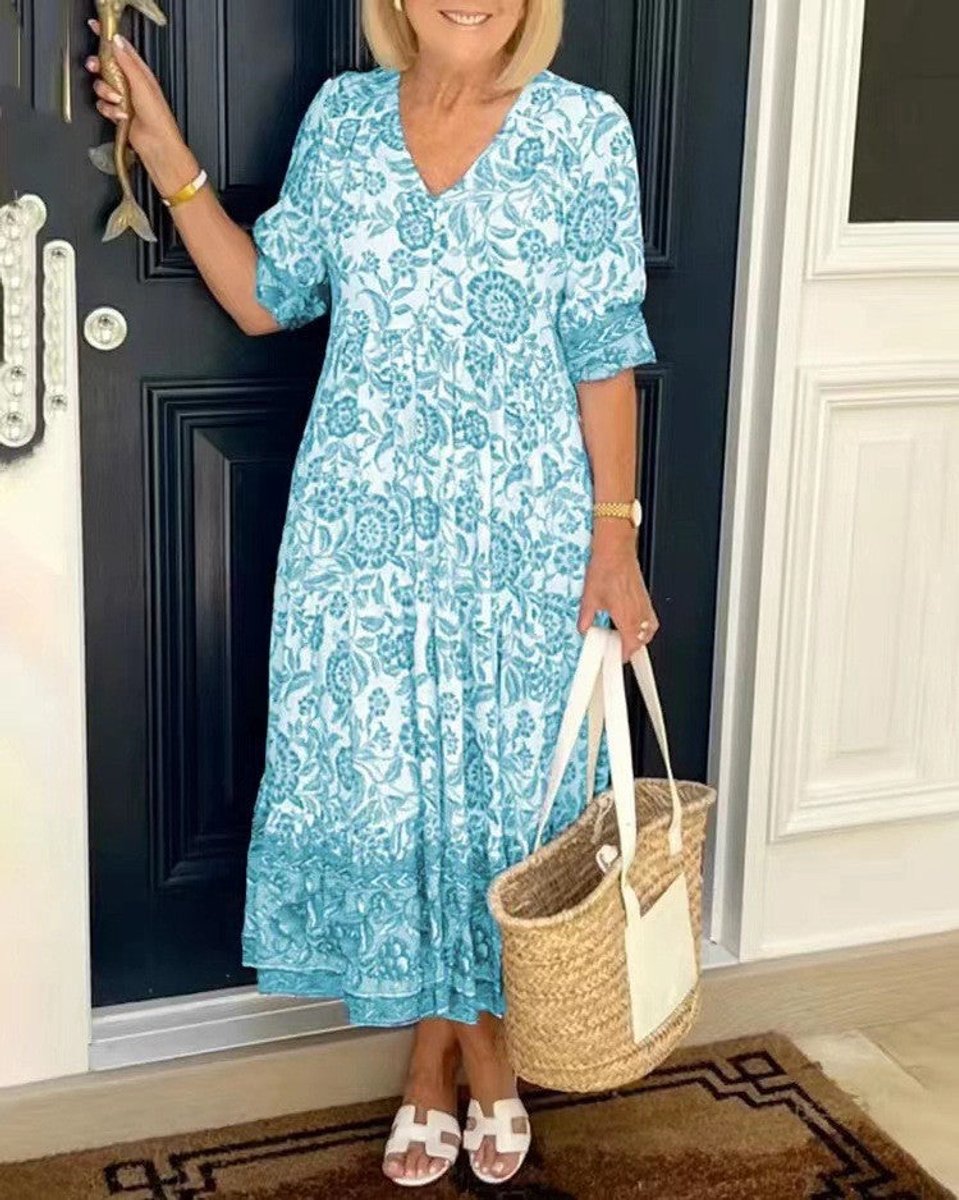 Women's Floral V-Neck Elegant Dress Tiered Maxi - Sky Blue