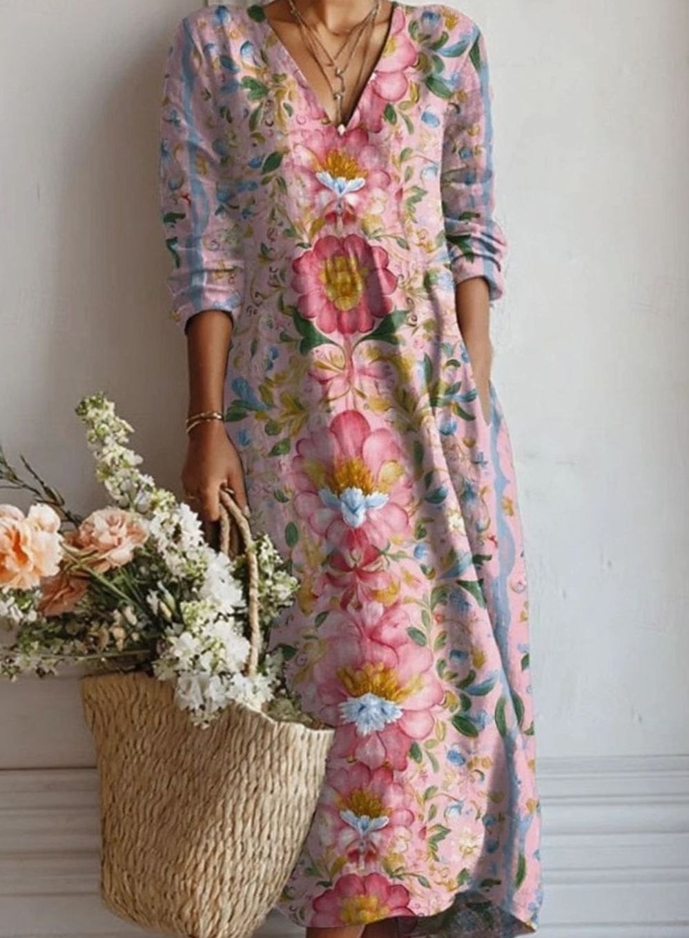 Women's Floral V-Neck Long Sleeve Dress Relaxed Maxi - Multicolor