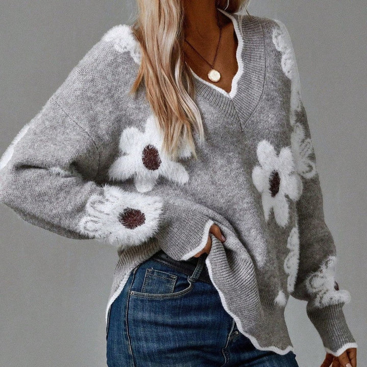 Women's Floral V-Neck Long Sleeve Knit Sweater - Gray