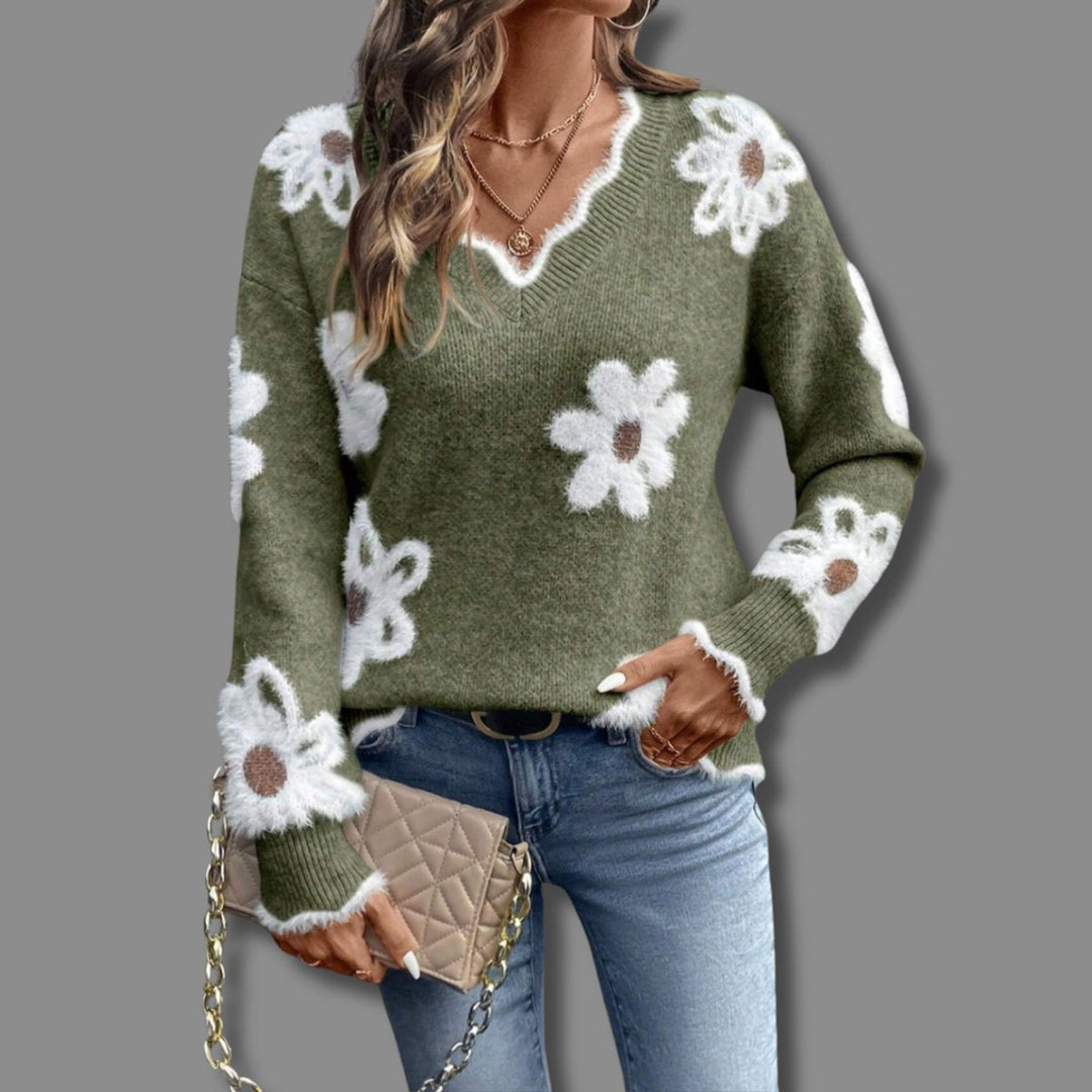 Women's Floral V-Neck Long Sleeve Knit Sweater - Green