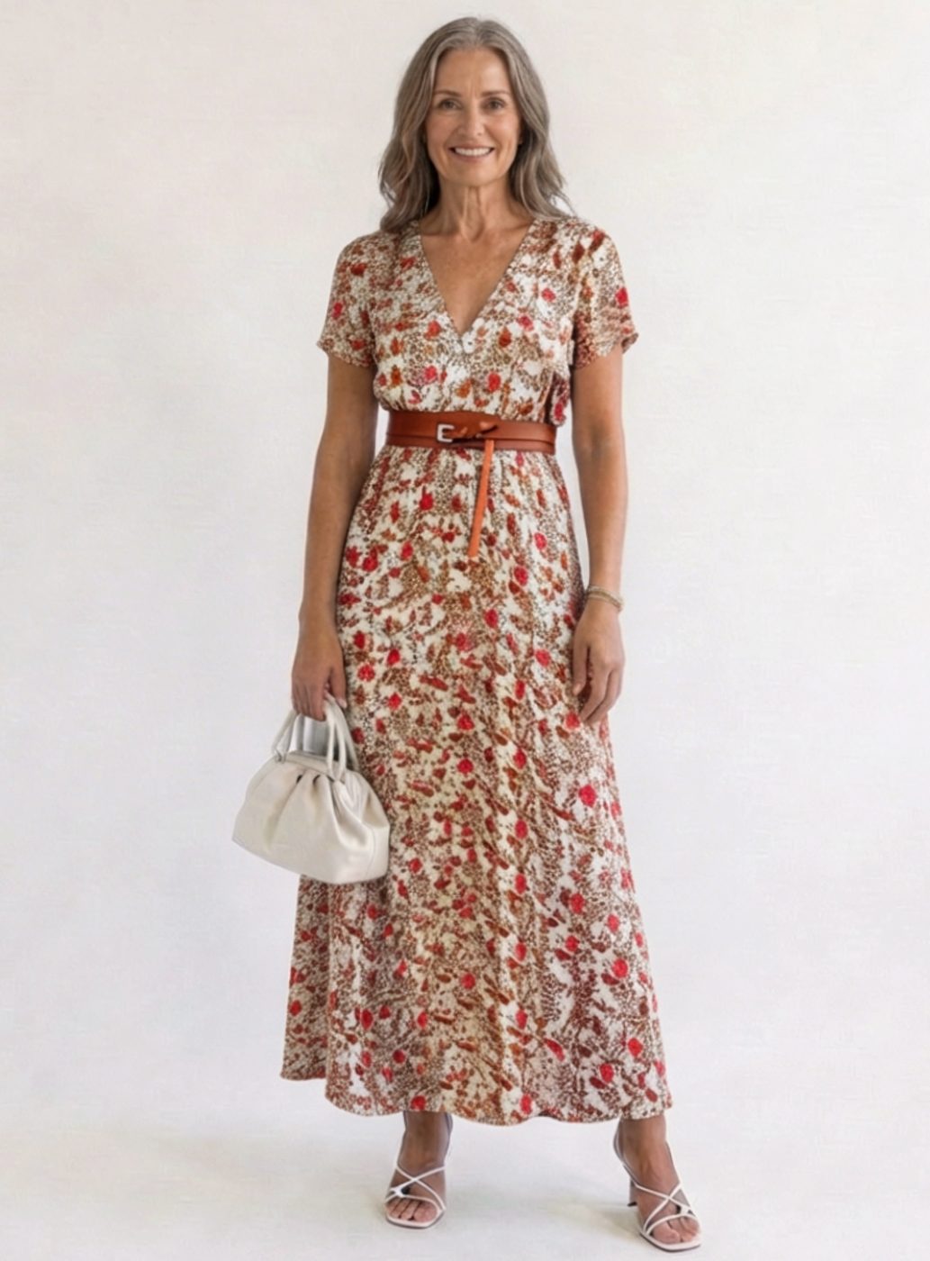 Women's Floral V-Neck Short Sleeve Maxi Dress - Red