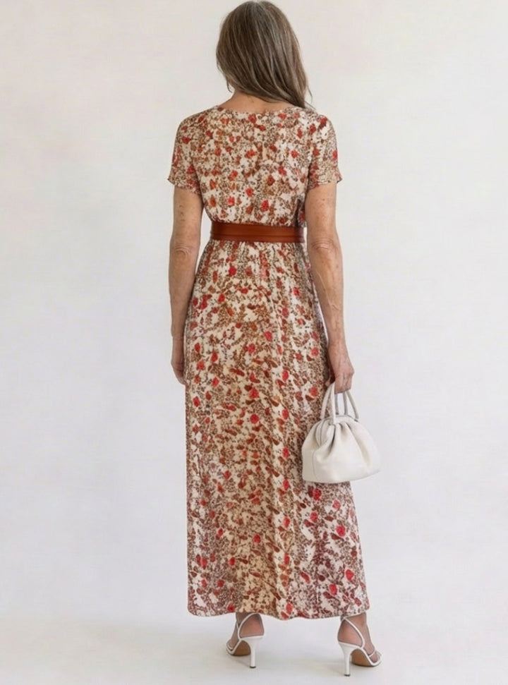 Women's Floral V-Neck Short Sleeve Maxi Dress