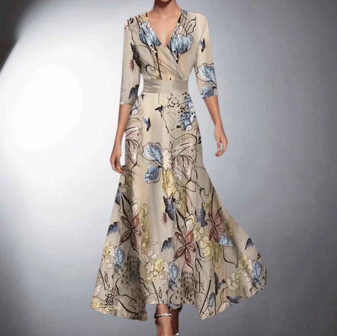 Women's Floral Wrap Maxi Formal Dresses V-Neck 3/4 Sleeve A-Line - Floral