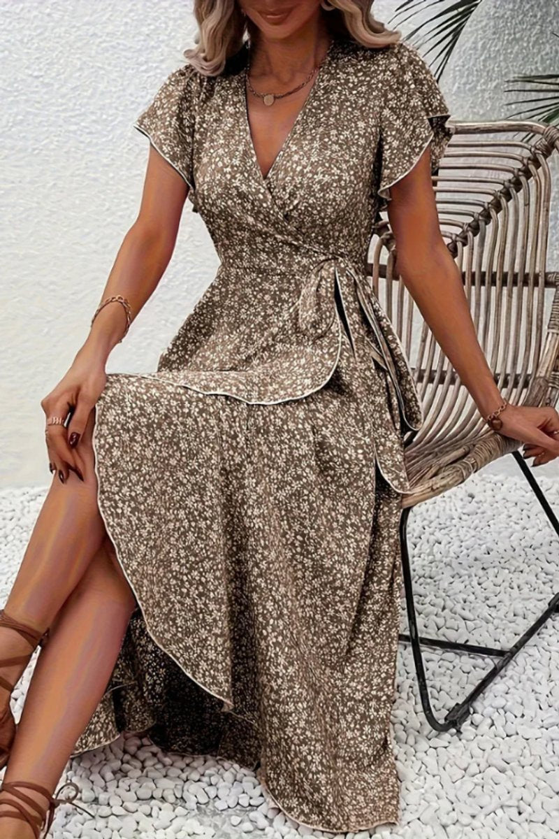 Women's Floral Wrap Midi Evening Gown V-Neck Cap Sleeve Dress - Camel