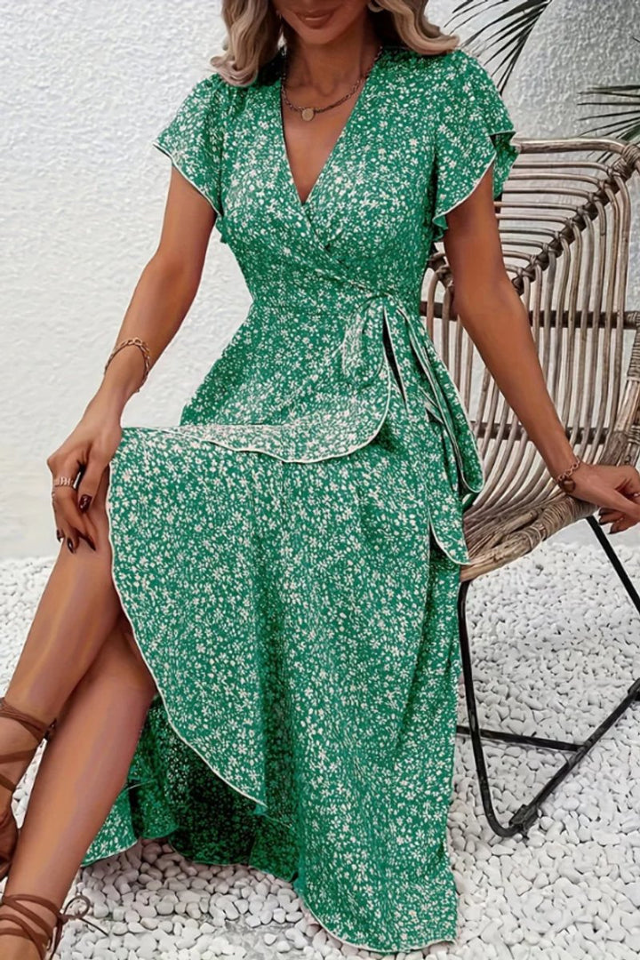 Women's Floral Wrap Midi Evening Gown V-Neck Cap Sleeve Dress - Green
