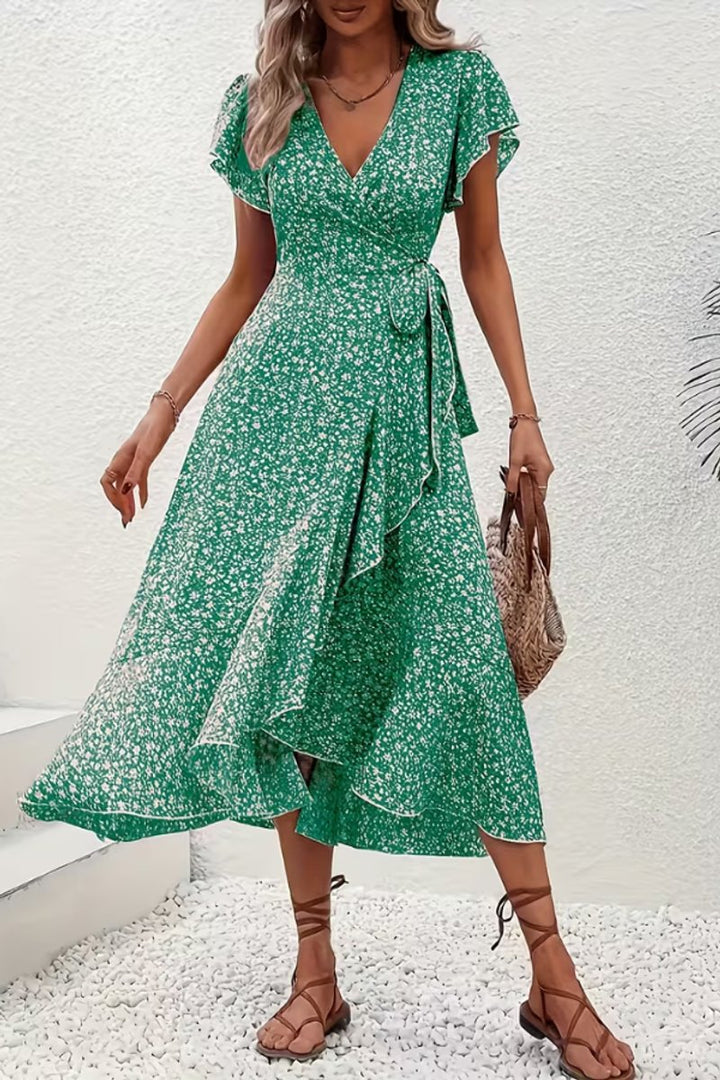 Women's Floral Wrap Midi Evening Gown V-Neck Cap Sleeve Dress