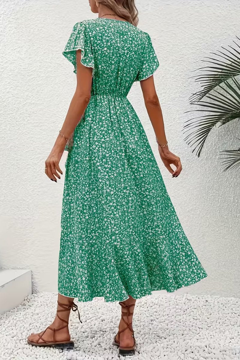 Women's Floral Wrap Midi Evening Gown V-Neck Cap Sleeve Dress
