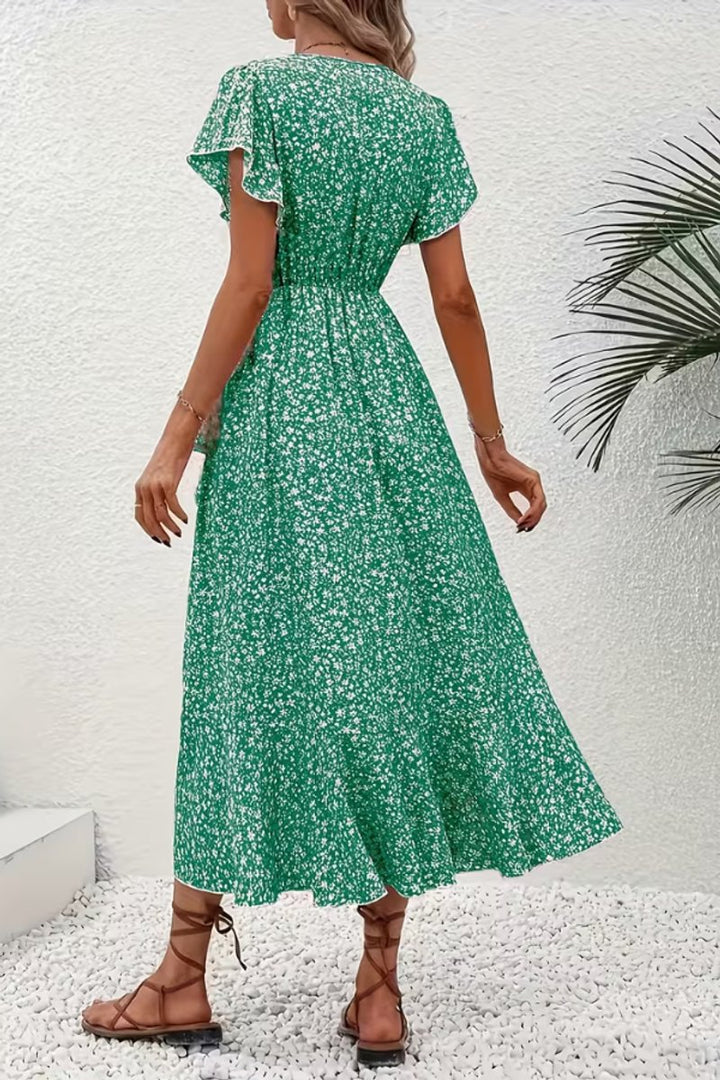 Women's Floral Wrap Midi Evening Gown V-Neck Cap Sleeve Dress