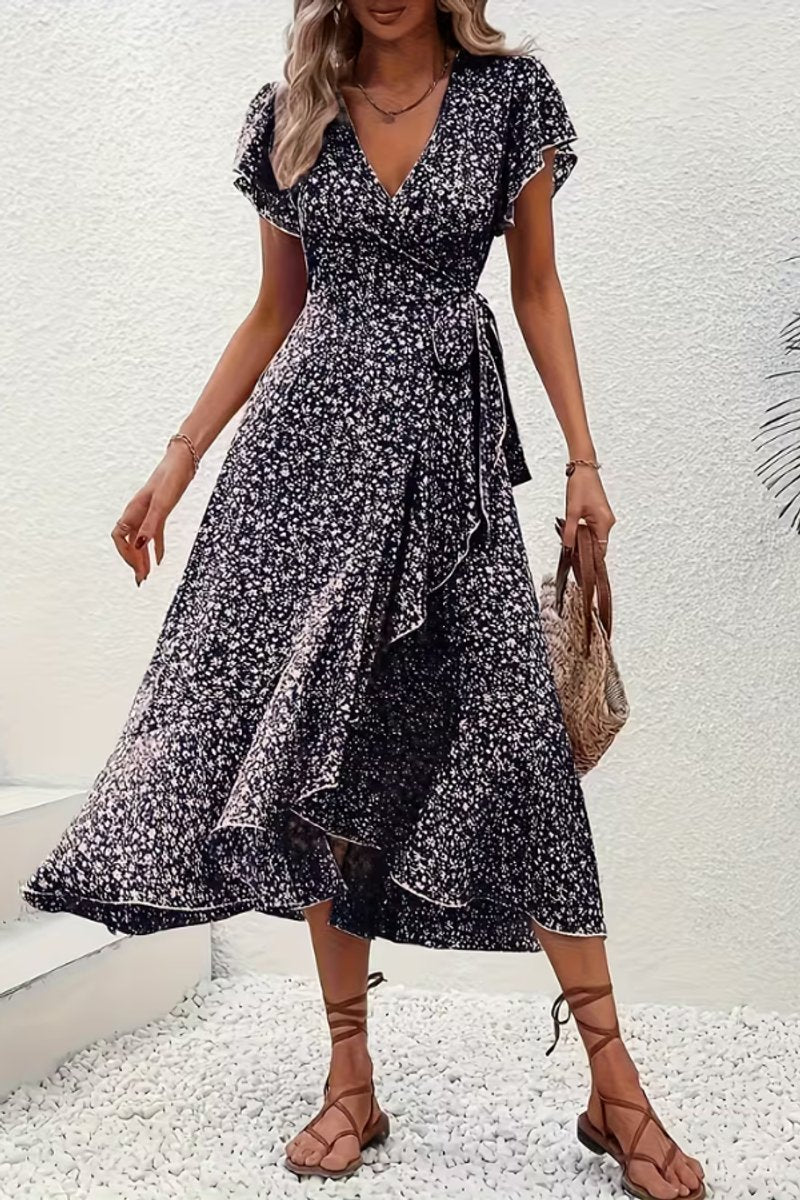 Women's Floral Wrap Midi Evening Gown V-Neck Cap Sleeve Dress